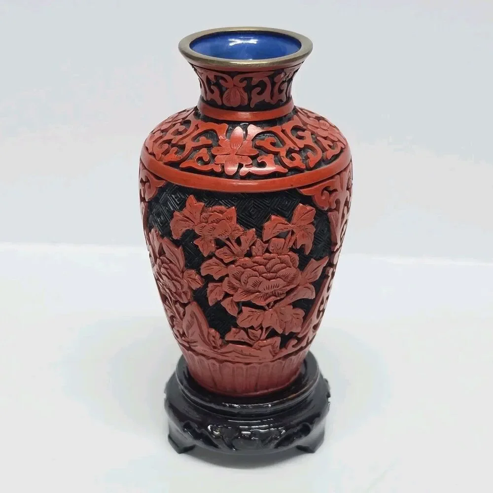 Vtg Chinese Red Cinnabar Fine Hand Carved Lacquer Brass Vase Enamel Floral 5”